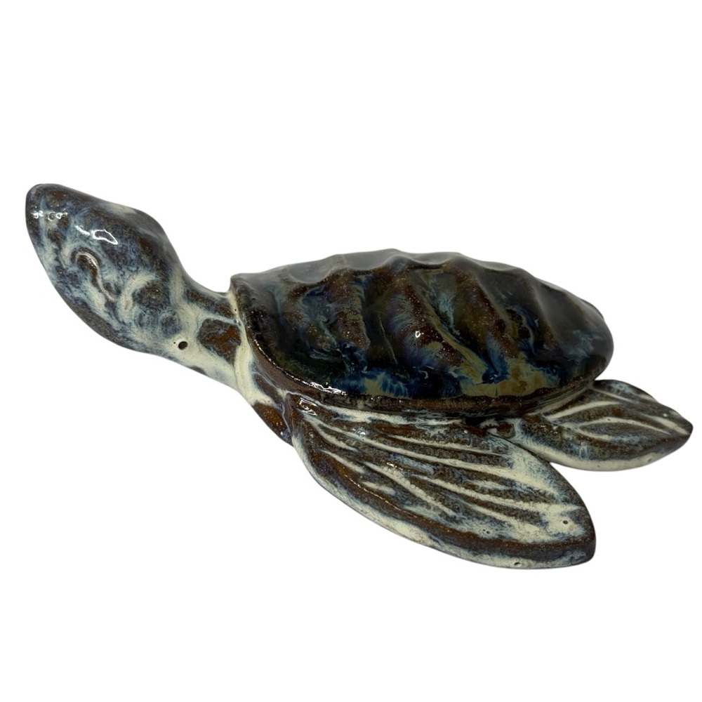 Hand Crafted Ceramic Sea Turtle Glazed With Potters Mark on Underside 6.25" Long